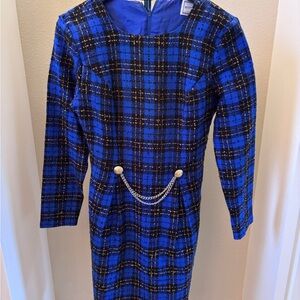Vintage Misty Lane Tweed Blue w/ Black & Gold & Gold Chain Lined Dress Size 6